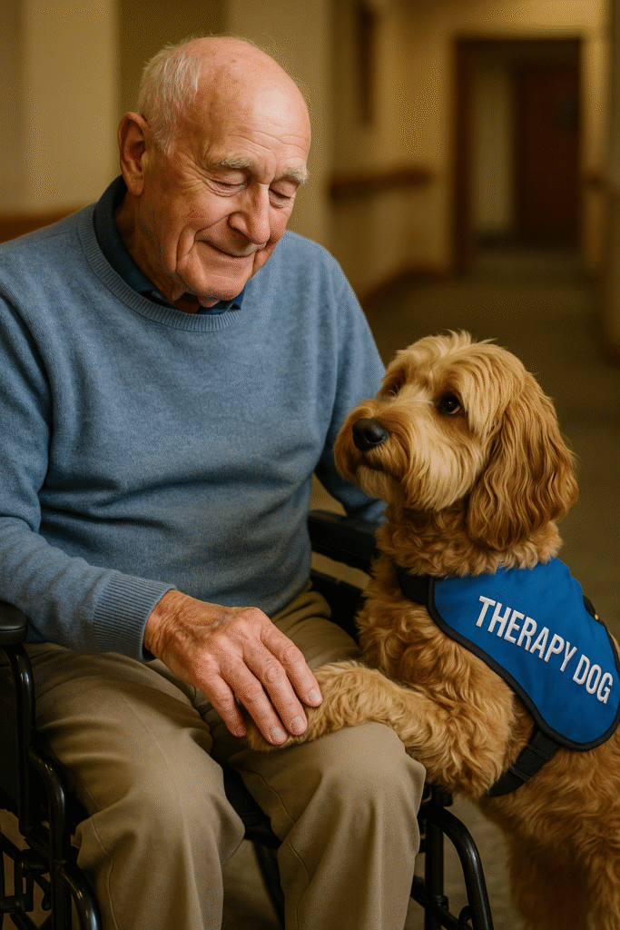Elderly man with therapy dog.