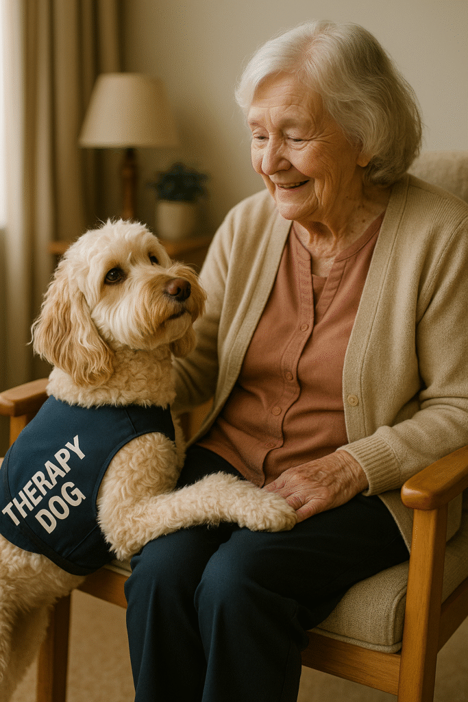Elderly woman with therapy dog.