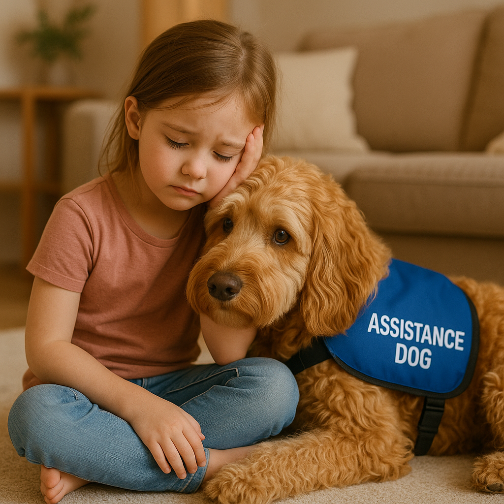 little girl being comforted by an Australian Cobberdog Assistance Dog