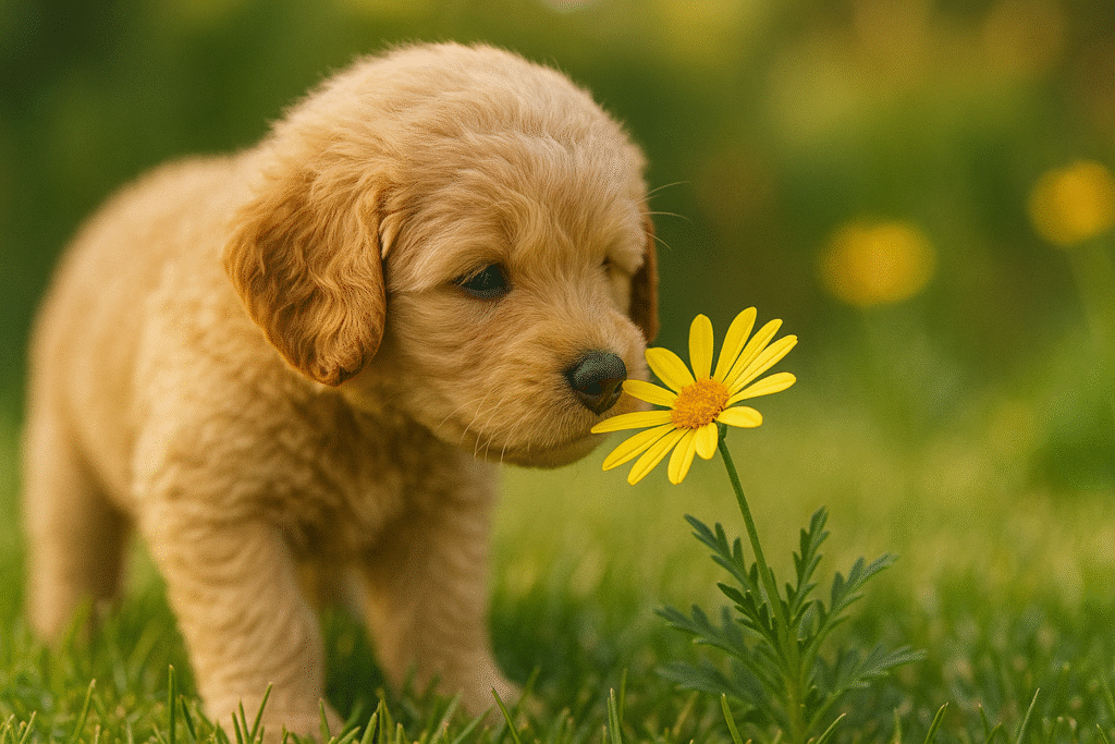 Australian Cobberdog puppy smelling a yellow flower