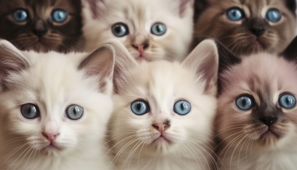 Close up of 6 kittens with blue eyes
