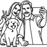 Cartoon line drawing of a happy man and woman with their puppy taking a selfie