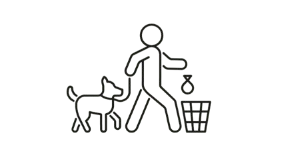 Cartoon line drawing of man walking and putting dog poo in bin