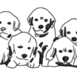 Cartoon line drawing of 8 puppies in a row