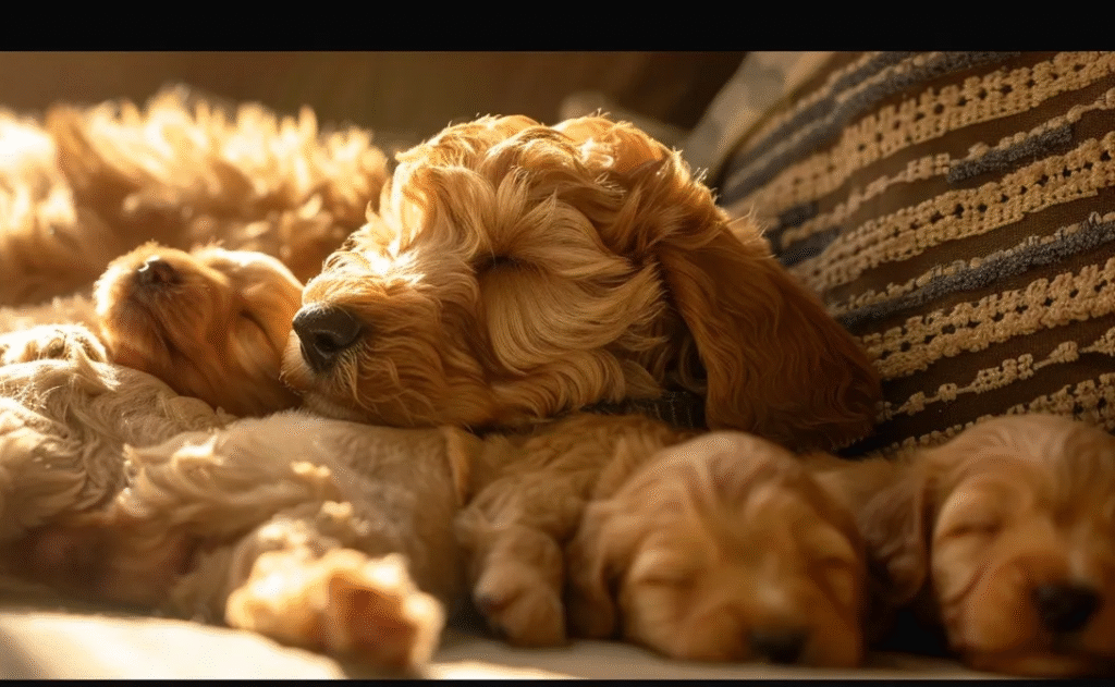 Cobberdog Mumma and puppies sound asleep