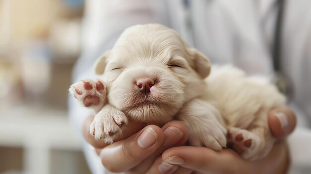 Lady gently holding a sleeping puppy