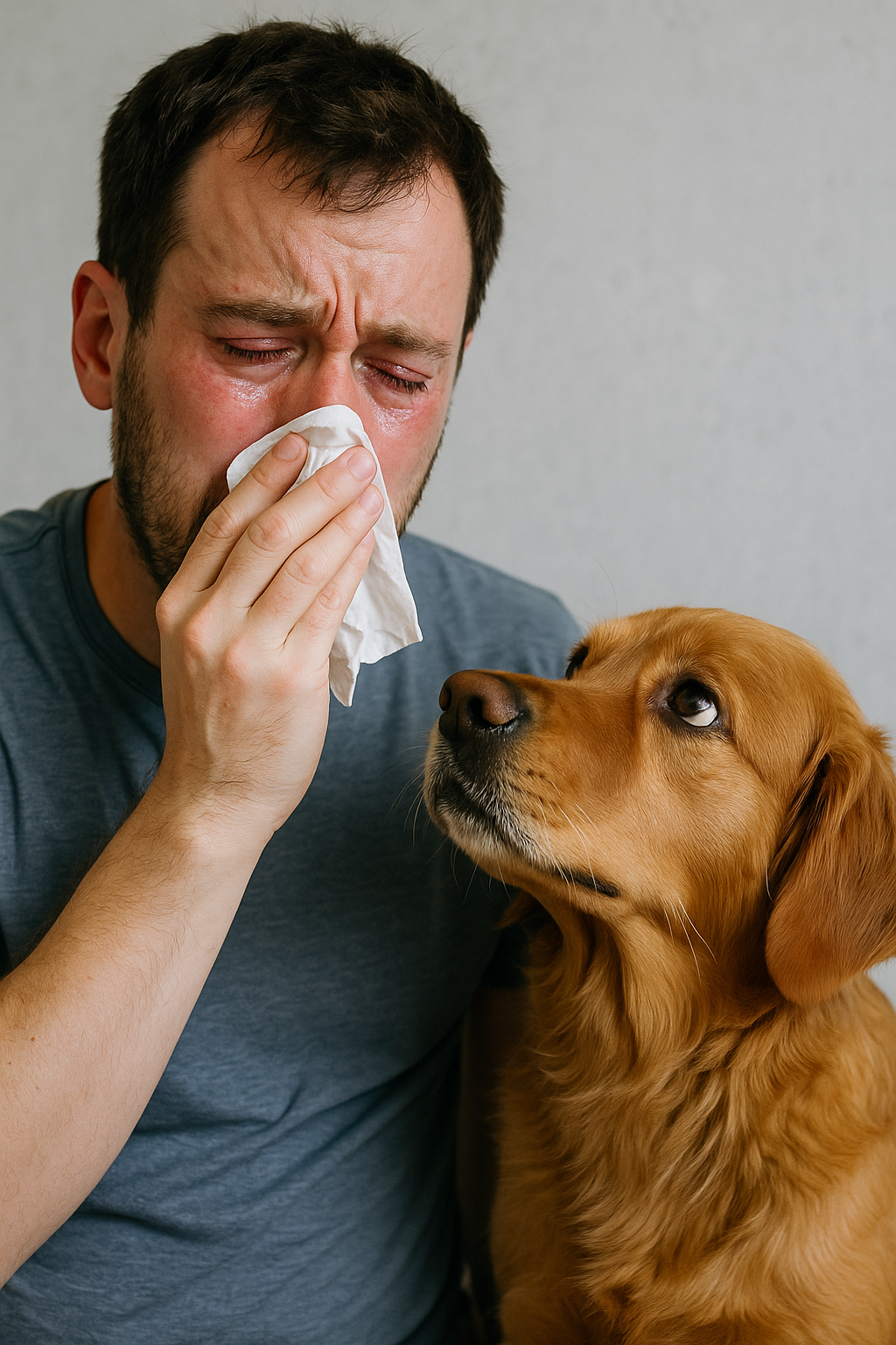 Man experiencing allergic reaction symptoms sitting beside a dog