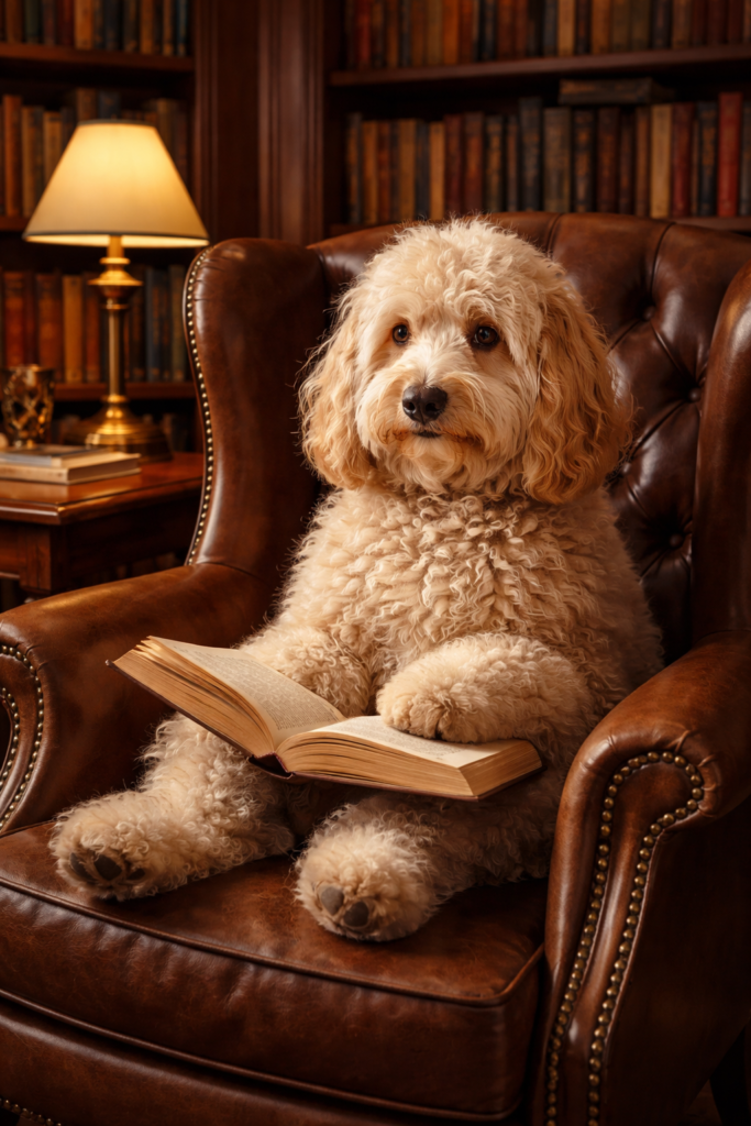 Cobberdog Corner mascot sitting reading a book in the library