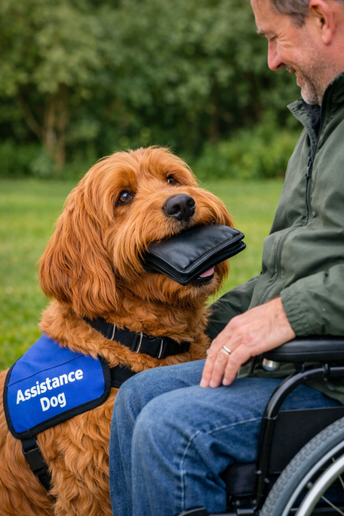 Australian Cobberdog Assistance dog holding mans wallet